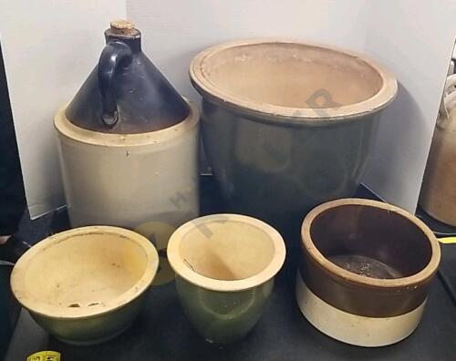 Glazed Stoneware Planters, Crock, and No.3 Jug