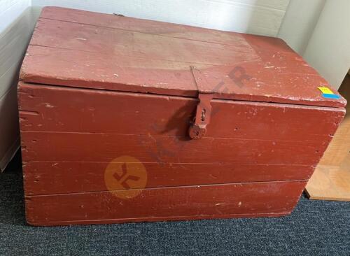 Red Painted Wooden Chest and Contents