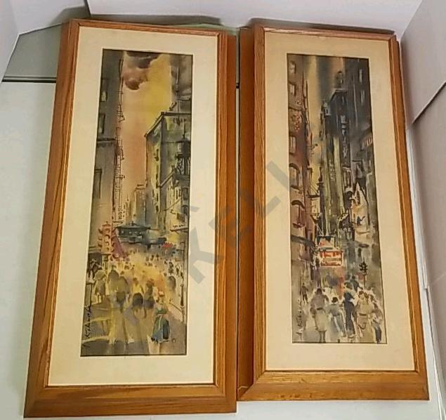 Pair of Vintage Atsushi Kikuchi Framed Fabric Watercolor Prints