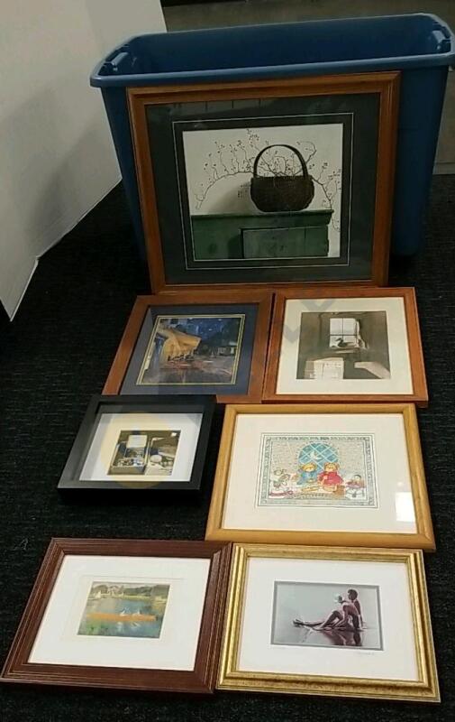 Variety of Framed Prints and Storage Bin