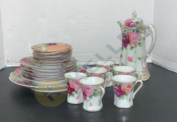 Chocolate Pot, Cups, Saucers, and Plates