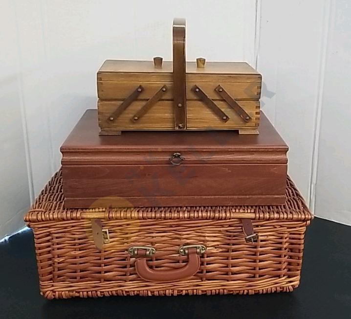 Picnic Basket, Sewing Box, and Wooden Flatware Box