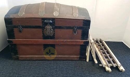 Antique Dome Steamer Trunk And Vintage Doll Cradle