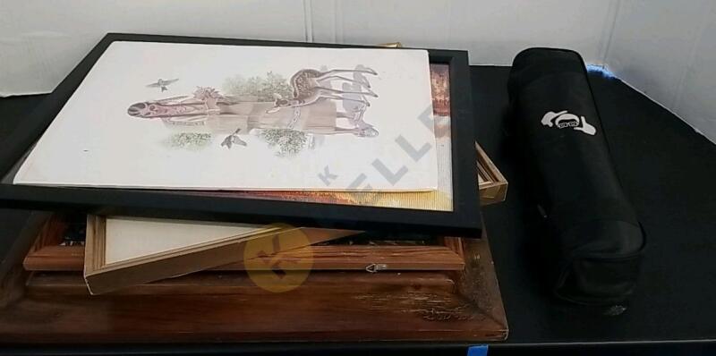 Framed Items and Camera Tripod with Case