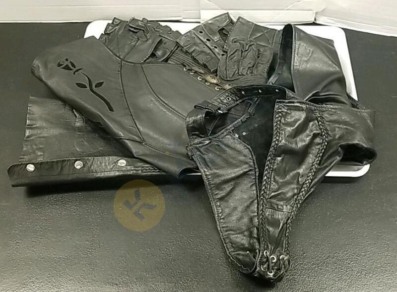 XL Leather Biker Chaps, Leather Vest, and 3 Pairs of Leather Gloves