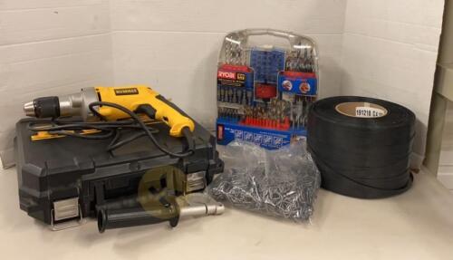 DeWalt Electric Drill, RYOBI Drill Accessory Set, and Strap-Pac