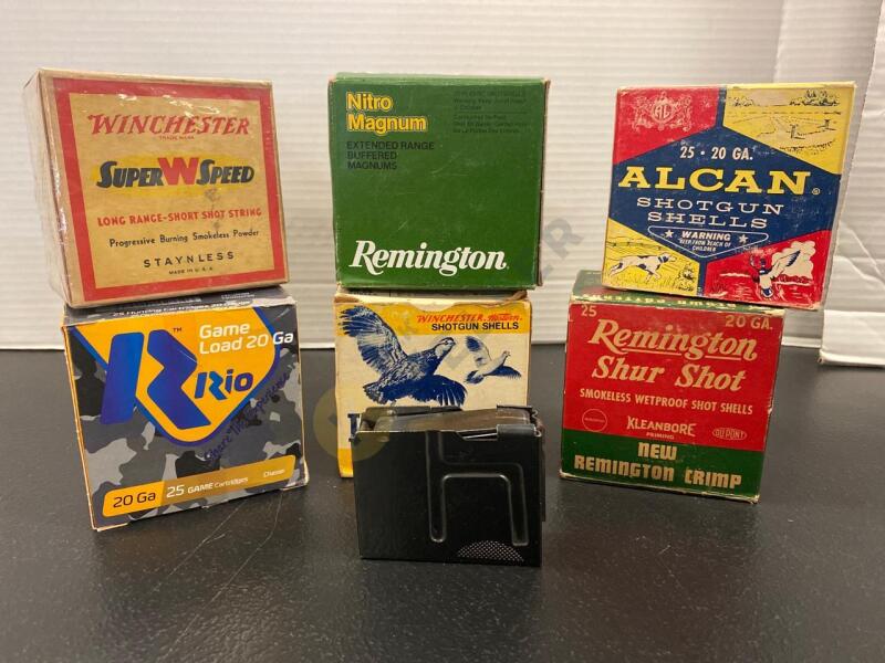 3 Boxes of 20 Ga. Shot Gun Cartridges, Rifle Clip, and 3 Vintage Empty Ammo Boxes
