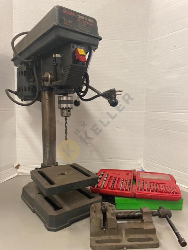 1/3 HP Craftsman 8" Drill Press, Vise, and 2 Cases Of Drills
