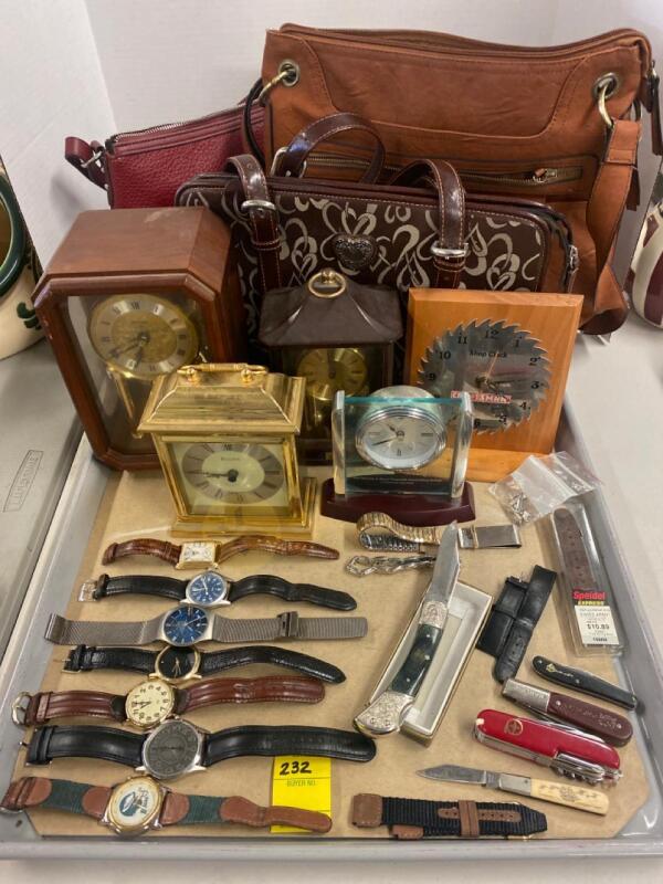 Mantle and Desk Clocks, Wrist Watches, Handbags, Pocket Knives, and More