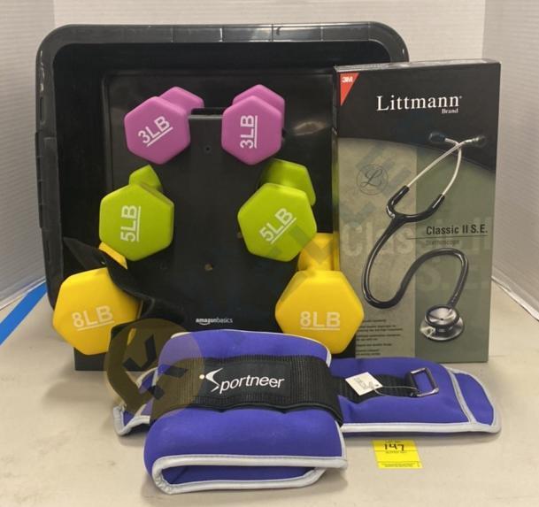 Dumbbells, Ankle Weights, Littmann Stethoscope, and Bin