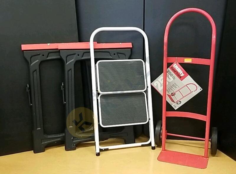 Utility Hand Truck, Folding Step Stool, and Set of Plastic Sawhorses