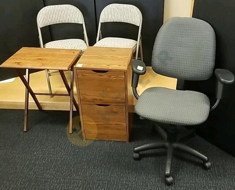 Desk Chair, Wooden File Cabinet, 2 Folding Chairs, and Tray Table
