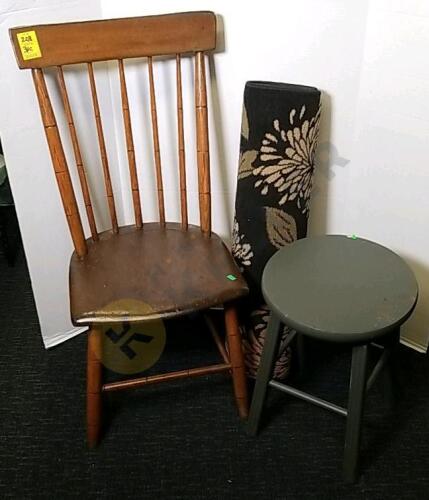 Wooden Chair, Stool, and Small Rug