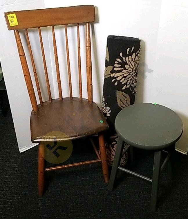 Wooden Chair, Stool, and Small Rug