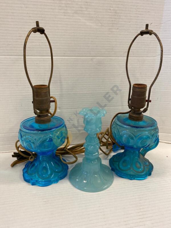 Teal Glass Table Lamps and a Candle Holder