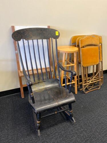 Rocking Chair, 6 Velvet Folding Chairs, Stool, and Art Easel