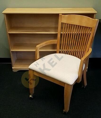 Wooden Bookshelf and Rolling Padded Wooden Chair