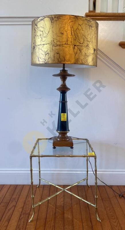 Vintage Wooden Lamp and Glass Top Brass Side Table
