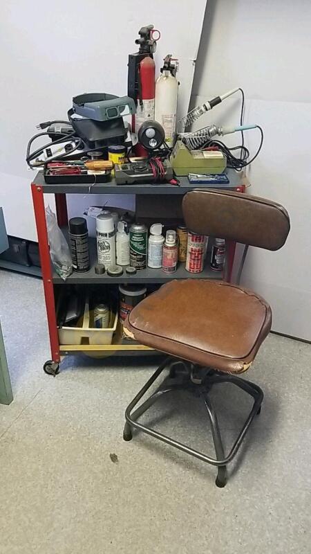 Rolling Cart with Contents and a Vintage Stool Seat