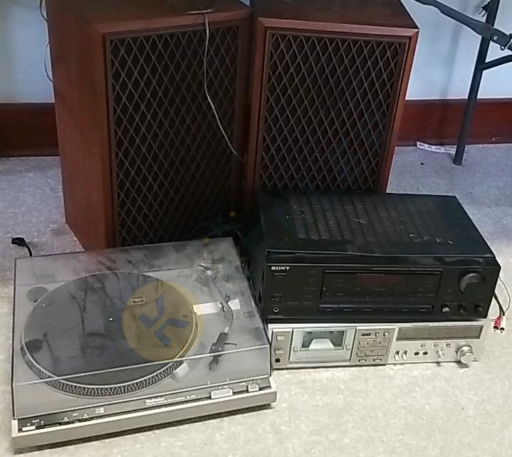 Sony A/V Control Center, Cassette Player, Turn Table, and 2 Speakers