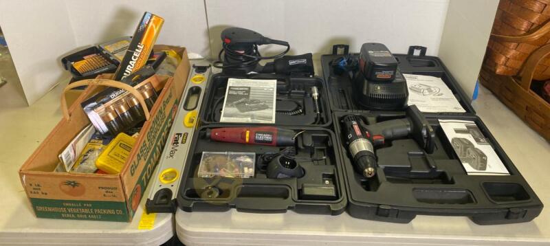 Craftsman Cordless Drill, Chicago Electric Rotary Tool, Craftsman Sander, Craftsman Battery Charger, and More