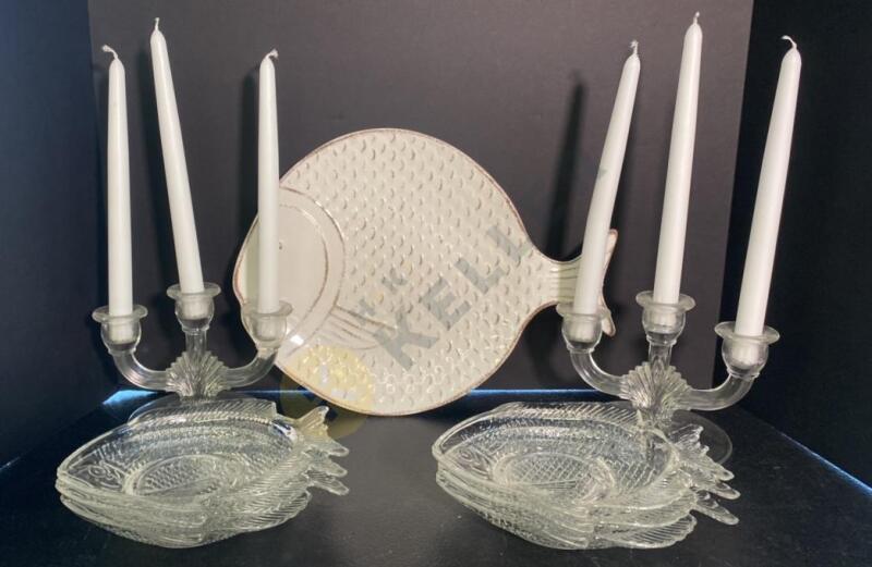 Fish Serving Platter, Small Fish Plates, and Glass Candelabras