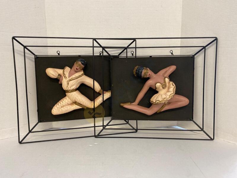 Mid Century Framed Chalkware Ballet Dancers