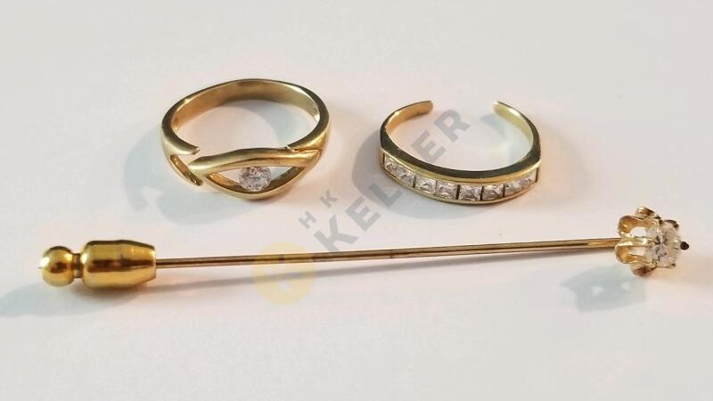 14K Gold Stick Pin with Diamond and 2 Gold Rings