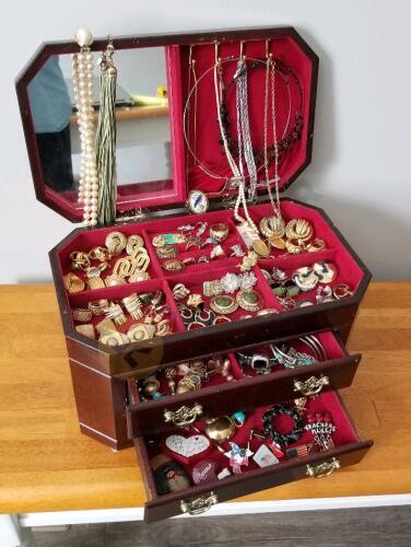 Wooden Jewelry Box Full of Jewelry Including Lapel Pin Vase