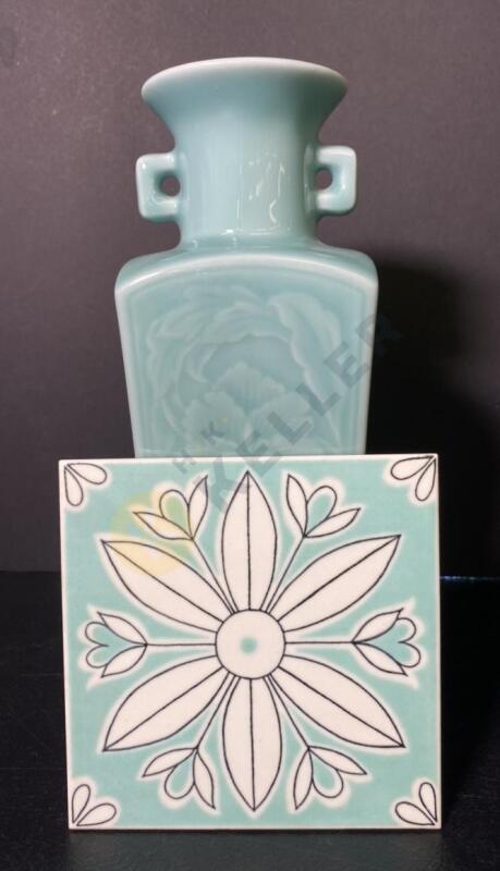 MCM 1950s Richard Ginori Ceramic Tile Trivet and Japanese Celadon Vase