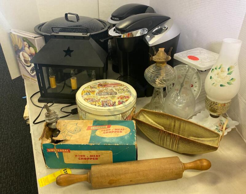 Vintage Food Chopper, Painted Globe Lamp with Porcelain Base, Canning Kettle, Keurig Coffee Makers, Scales, and More