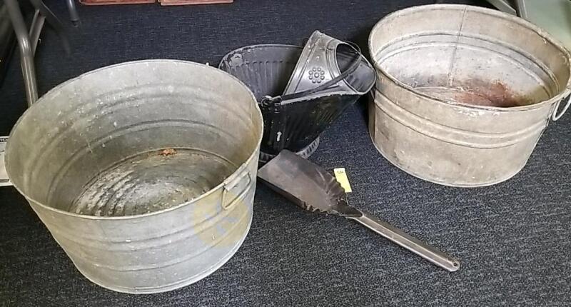 Two Galvanized Tubs and Coal Bucket