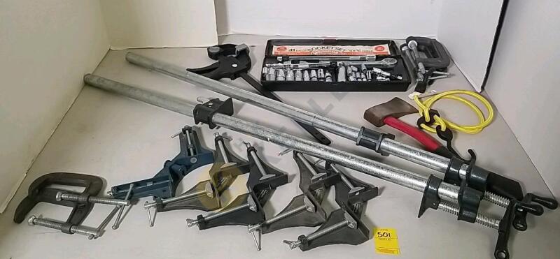 Socket Wrench Set, Pipe Wrenches, Corner Clamps, C-Clamps, Hatchet, and More