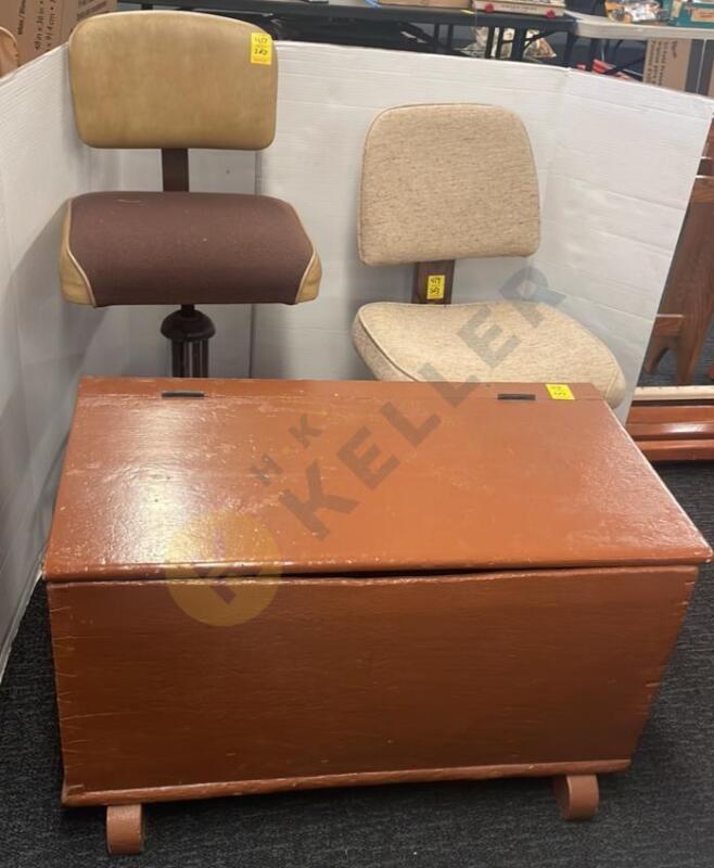 Wooden Chest and Swivel Chairs