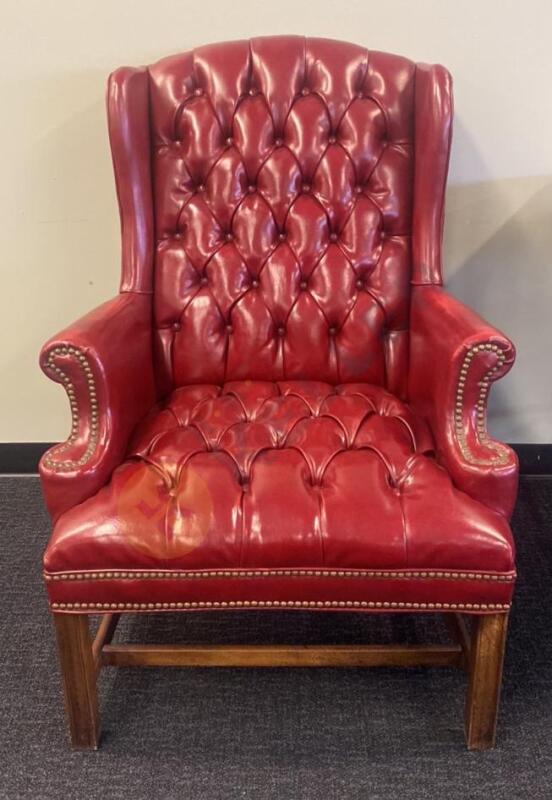Mid-Century Chesterfield Wine Red Tufted Faux Leather Wingback Chair