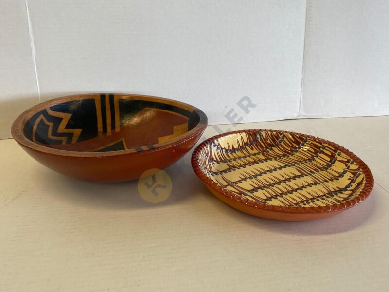 Selinda Kennedy Folk Art Redware Pie Plate and Antique Hand Painted Art Deco Wooden Bowl
