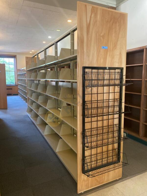 Double Sided Metal Bookshelves with Wood Endcaps and Attached Metal Rack