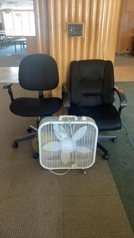 2 Swivel Chairs and Box Fan
