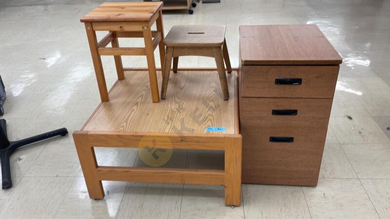 Coffee Table, Stools, and File Cabinet