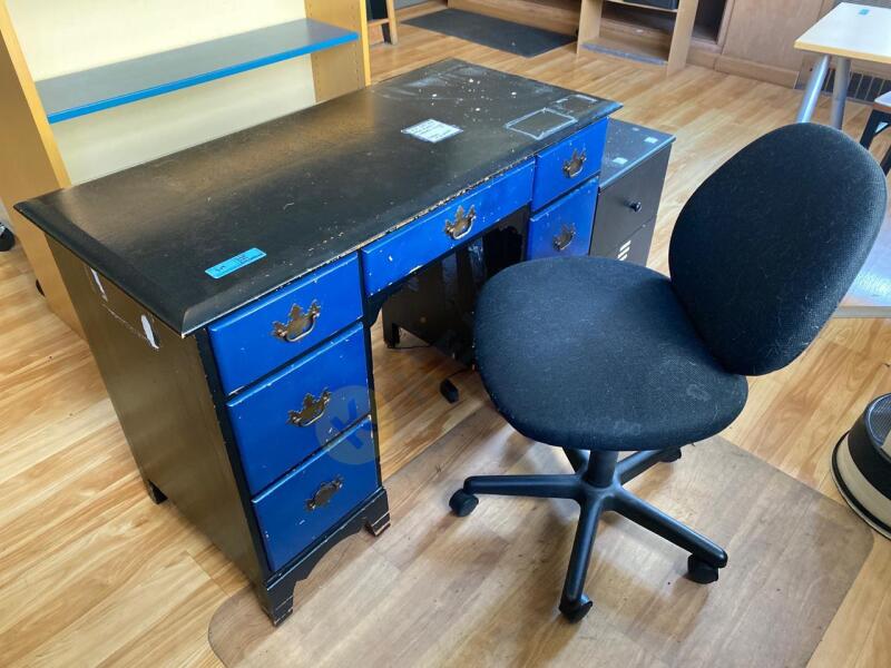 Wooden Desk, Filing Cabinet, and Chair