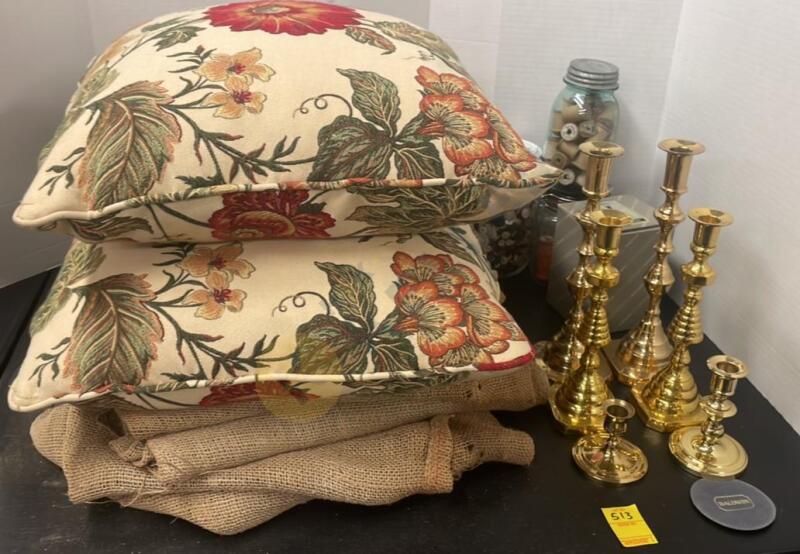 Burlap Sack, Brass Candle Sticks, "John Wright" Cast Iron Kettle, and More