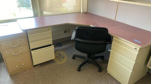 Corner Desk, Chair, Cubicle Wall, and Shelves