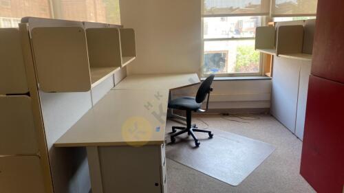 Desk, Chair with Mat, Cubicle Walls, and Shelves