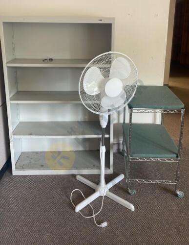 Metal Shelves, Floor Fan, and Rolling Cart