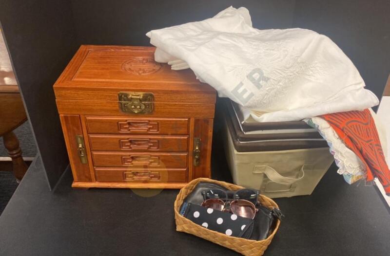 Wooden Jewelry Box, Linens, and More