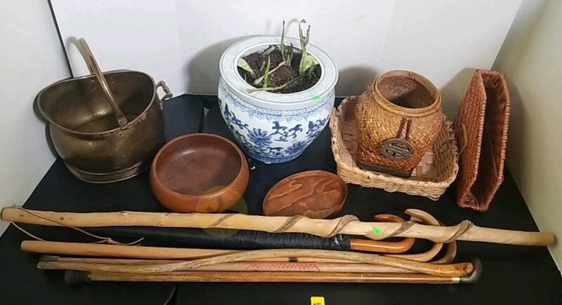 Various Wooden Canes, Vintage Brass Scuttle, and More