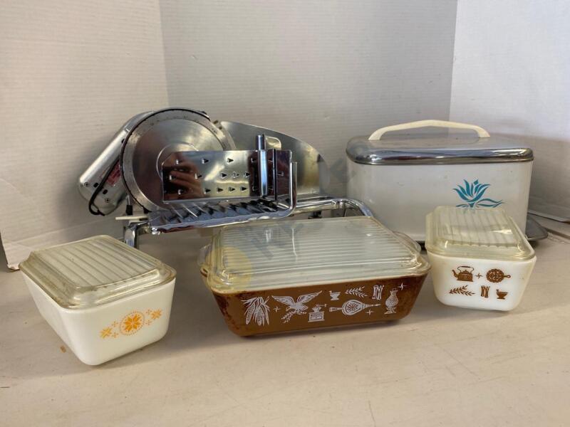 Vintage Dishes with Lids, Rival Meat Slicer, and More