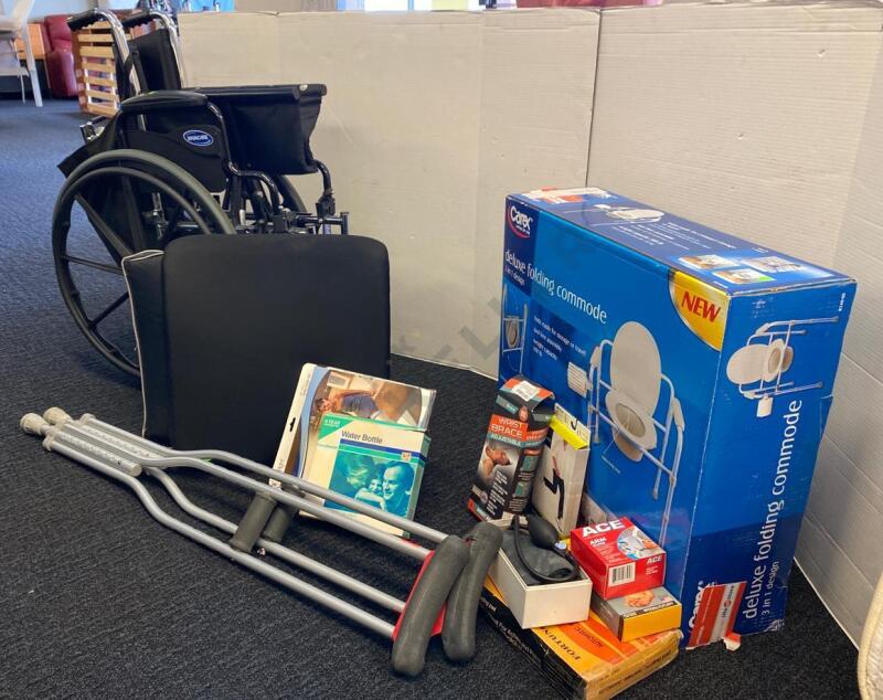 Invacare Wheelchair, Deluxe Folding Commode, Crutches, and More