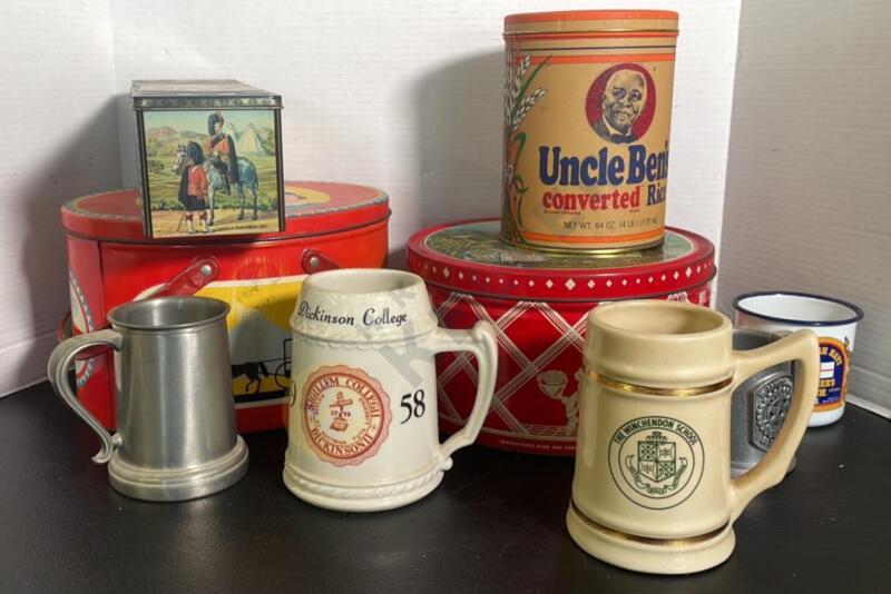 Vintage Tins, Ceramic Steins, and More