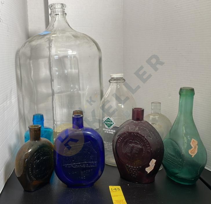 Vintage 5 Gal. Crisa Glass Jug, Clear and Colored Glass Bottles